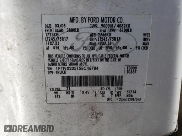 ✅ 2005 Ford F-250 XL • VIN: 1FTNX20515EC46784 • Lot: 73200624. Listed on Copart with 156,936 mi. Free auction sales archive from the USA and detailed vehicle history report at DreamBid. Image 13.