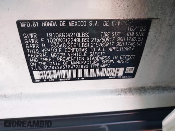 ✅ 2023 Honda HR-V LX • VIN: 3CZRZ2H37PM723692 • Лот: 43683328. Опубликован ранее на IAAI с пробегом 66 034 миль. Бесплатный доступ к архиву аукционных продаж из США и подробный отчёт об истории автомобиля на DreamBid. Изображение 9.