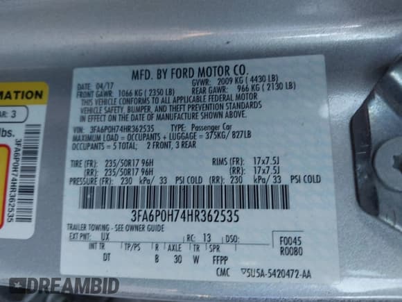 ✅ 2017 Ford Fusion SE • VIN: 3FA6P0H74HR362535 • Lot: 43445642. Listed on IAAI with 137,666 mi. Free auction sales archive from the USA and detailed vehicle history report at DreamBid. Image 9.