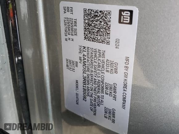 ✅ 2024 Buick Encore GX Sport Touring • VIN: KL4AMDSL3RB180092 • Lot: 85501975. Listed on Copart with 27,485 mi. Free auction sales archive from the USA and detailed vehicle history report at DreamBid. Image 13.