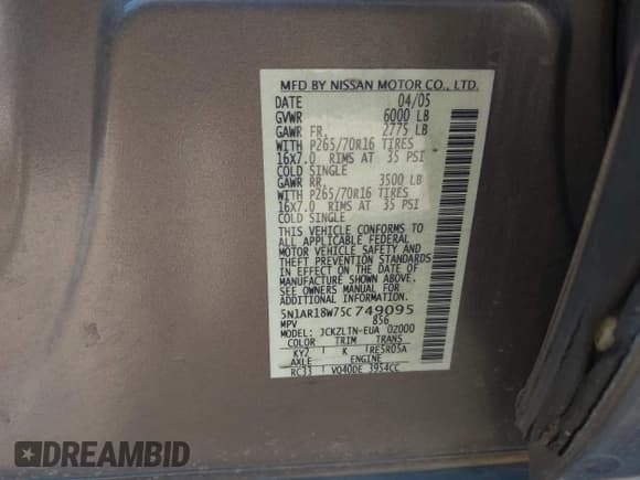 ✅ 2005 Nissan Pathfinder SE • VIN: 5N1AR18W75C749095 • Лот: 43769817. Опубликован ранее на IAAI с пробегом 198 302 миль. Бесплатный доступ к архиву аукционных продаж из США и подробный отчёт об истории автомобиля на DreamBid. Изображение 9.