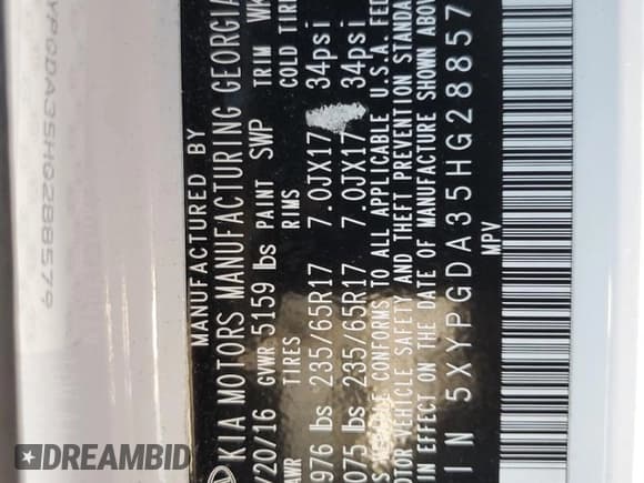 ✅ 2017 Kia Sorento LX • VIN: 5XYPGDA35HG288579 • Lot: 89463095. Listed on Copart with 159,352 mi. Free auction sales archive from the USA and detailed vehicle history report at DreamBid. Image 14.