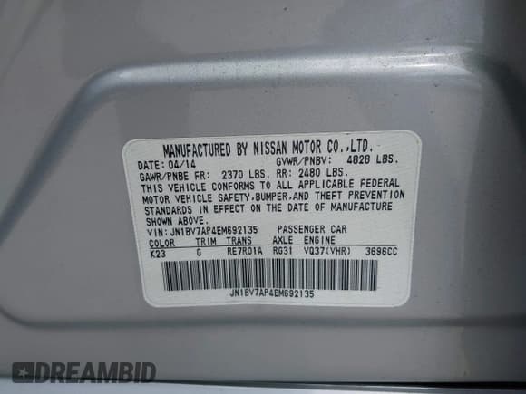 ✅ 2014 Infiniti Q50 Premium • VIN: JN1BV7AP4EM692135 • Lot: 38874654. Listed on IAAI with 104,348 mi. Free auction sales archive from the USA and detailed vehicle history report at DreamBid. Image 9.