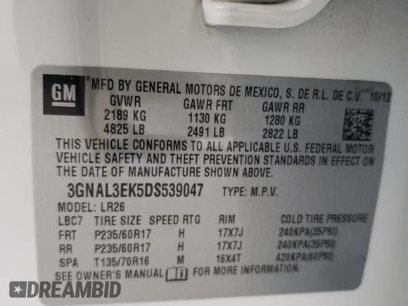 ✅ 2013 Chevrolet Captiva Sport LT • VIN: 3GNAL3EK5DS539047 • Lot: 64768765. Wystawiony na Copart z przebiegiem 228 763 mil. Bezpłatny archiwum sprzedaży aukcyjnych z USA i szczegółowy raport historii pojazdu na DreamBid. Zdjęcie 13.