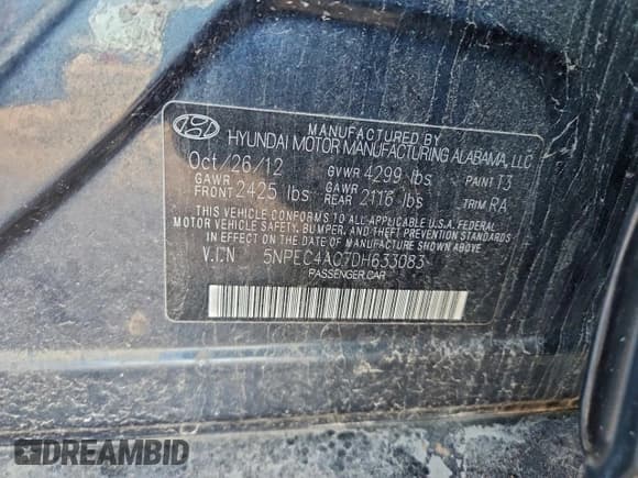 ✅ 2013 Hyundai Sonata Limited • VIN: 5NPEC4AC7DH633083 • Lot: 95994305. Listed on Copart with Not provided. Free auction sales archive from the USA and detailed vehicle history report at DreamBid. Image 12.