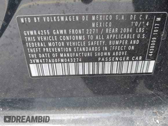 ✅ 2015 Volkswagen Golf GTI SE • VIN: 3VW4T7AU0FM043274 • Lot: 42191448. Listed on IAAI with 108,094 mi. Free auction sales archive from the USA and detailed vehicle history report at DreamBid. Image 9.