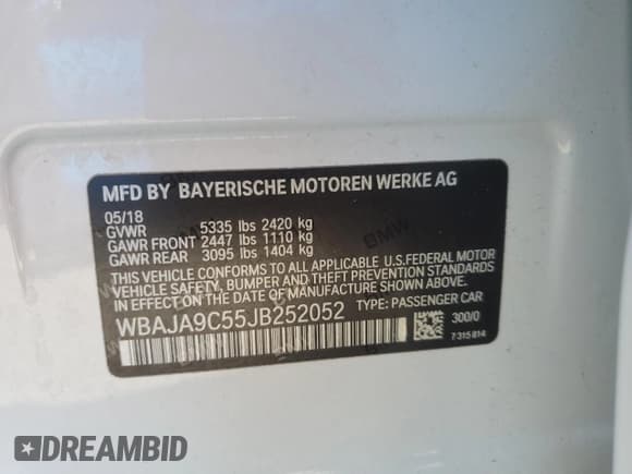 ✅ 2018 BMW 5 Series 530e • VIN: WBAJA9C55JB252052 • Lot: 87058685. Listed on Copart with Not provided. Free auction sales archive from the USA and detailed vehicle history report at DreamBid. Image 13.