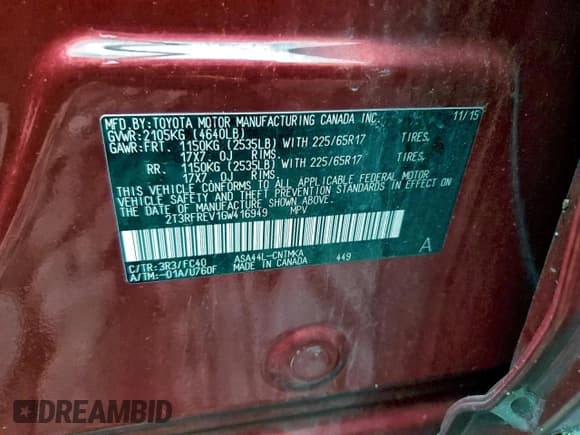 ✅ 2016 Toyota RAV4 XLE • VIN: 2T3RFREV1GW416949 • Lot: 95209455. Listed on Copart with 100,227 mi. Free auction sales archive from the USA and detailed vehicle history report at DreamBid. Image 13.