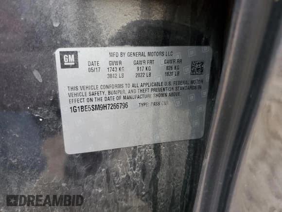 ✅ 2017 Chevrolet Cruze LT • VIN: 1G1BE5SM9H7266796 • Lot: 70294942. Listed on Copart with 160,978 mi. Free auction sales archive from the USA and detailed vehicle history report at DreamBid. Image 12.