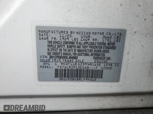 ✅ 2024 Nissan Kicks S • VIN: 3N1CP5BV8RL494562 • Lot: 90115335. Listed on Copart with 55,415 mi. Free auction sales archive from the USA and detailed vehicle history report at DreamBid. Image 12.