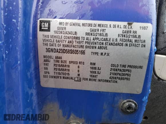 2008 Chevrolet HHR LT с VIN 3GNDA23D58S605166, выставлен на аукционе Copart как лот 49445874 с пробегом 197 319 миль миль и Списание • Salvage title. История ставок и продаж доступна на DreamBid. Изображение 13.