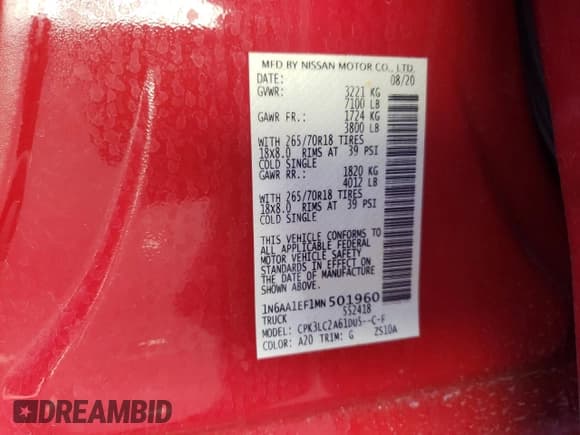 ✅ 2021 Nissan Titan SV • VIN: 1N6AA1EF1MN501960 • Lot: 70860465. Listed on Copart with 59,516 mi. Free auction sales archive from the USA and detailed vehicle history report at DreamBid. Image 12.