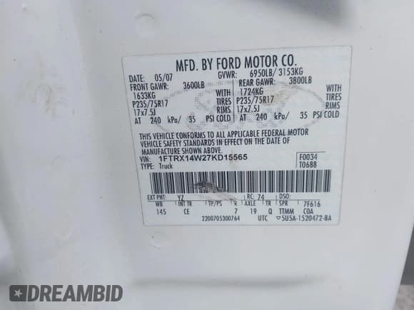 ✅ 2007 Ford F-150 STX • VIN: 1FTRX14W27KD15565 • Lot: 42738127. Listed on IAAI with Not provided. Free auction sales archive from the USA and detailed vehicle history report at DreamBid. Image 9.