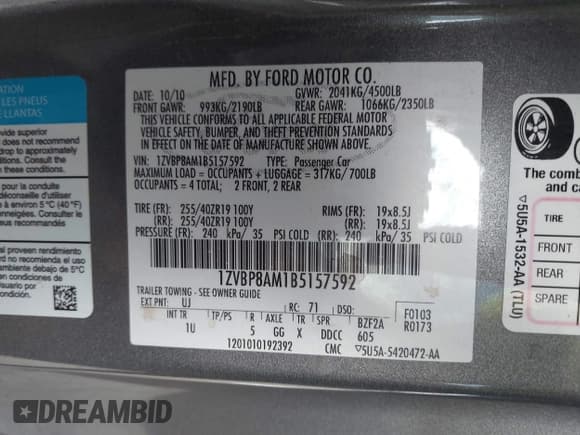 ✅ 2011 Ford Mustang Premium • VIN: 1ZVBP8AM1B5157592 • Lot: 43350539. Listed on IAAI with 140,346 mi. Free auction sales archive from the USA and detailed vehicle history report at DreamBid. Image 9.