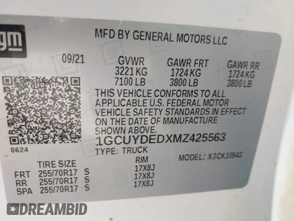 ✅ 2021 Chevrolet Silverado 1500 LT • VIN: 1GCUYDEDXMZ425563 • Lot: 43098180. Listed on IAAI with 124,648 mi. Free auction sales archive from the USA and detailed vehicle history report at DreamBid. Image 9.