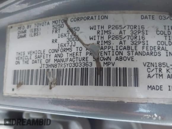 ✅ 2000 Toyota 4Runner Limited • VIN: JT3HN87R5Y0303363 • Lot: 42752782. Listed on IAAI with 308,483 mi. Free auction sales archive from the USA and detailed vehicle history report at DreamBid. Image 9.