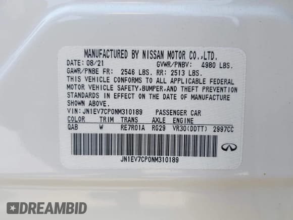 ✅ 2022 Infiniti Q50 Sensory • VIN: JN1EV7CP0NM310189 • Лот: 43015711. Опубликован ранее на IAAI с пробегом 32 250 миль. Бесплатный доступ к архиву аукционных продаж из США и подробный отчёт об истории автомобиля на DreamBid. Изображение 9.