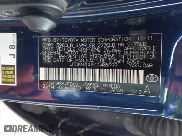 ✅ 2012 Toyota Prius Three • VIN: JTDKN3DU5C1485999 • Lot: 43835380. Wystawiony na IAAI z przebiegiem 208 553 mil. Bezpłatny archiwum sprzedaży aukcyjnych z USA i szczegółowy raport historii pojazdu na DreamBid. Zdjęcie 9.