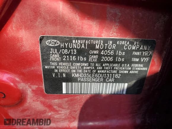 ✅ 2013 Hyundai Elantra • VIN: KMHD35LE6DU131182 • Lot: 90355095. Listed on Copart with 120,239 mi. Free auction sales archive from the USA and detailed vehicle history report at DreamBid. Image 13.