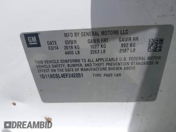 2014 Chevrolet Malibu LS with VIN 1G11A5SL4EF242051, listed as a IAAI auction lot 42832544 with 165,864 mi miles and . Bid and sale history available at DreamBid. Image 9.