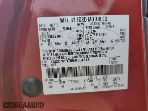 2011 Mercury Mariner с VIN 4M2CN8B78BKJ04518, выставлен на аукционе Copart как лот 78152884 с пробегом 195 558 миль миль и Списание • Salvage title. История ставок и продаж доступна на DreamBid. Изображение 13.