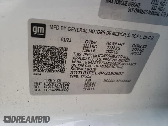 ✅ 2023 GMC Sierra 1500 AT4X • VIN: 3GTUUFEL4PG190502 • Лот: 77668724. Опубликован ранее на Copart с пробегом 27 464 миль. Бесплатный доступ к архиву аукционных продаж из США и подробный отчёт об истории автомобиля на DreamBid. Изображение 12.