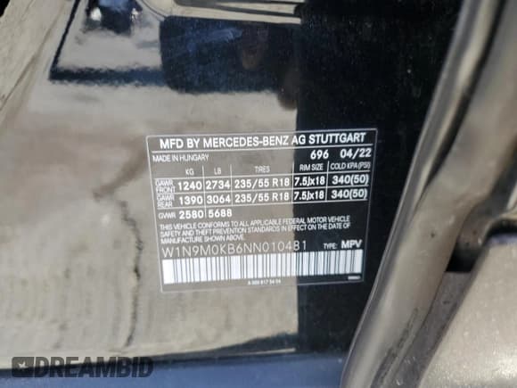 ✅ 2022 Mercedes-Benz EQB 300 • VIN: W1N9M0KB6NN010481 • Лот: 68492025. Опубликован ранее на Copart с пробегом 48 188 миль. Бесплатный доступ к архиву аукционных продаж из США и подробный отчёт об истории автомобиля на DreamBid. Изображение 14.