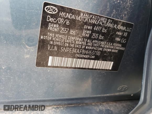 ✅ 2017 Hyundai Sonata Sport • VIN: 5NPE34AF8HH537110 • Lot: 35920643. Listed on Copart with 106,116 mi. Free auction sales archive from the USA and detailed vehicle history report at DreamBid. Image 12.