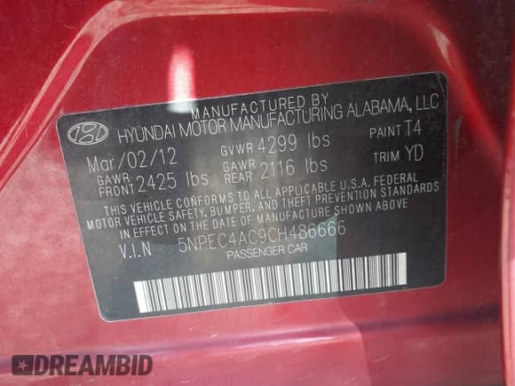 2012 Hyundai Sonata SE with VIN 5NPEC4AC9CH486666, listed as a IAAI auction lot 41340618 with 173,761 mi miles and . Bid and sale history available at DreamBid. Image 9.