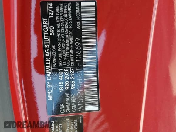 ✅ 2015 Mercedes-Benz SLK 250 • VIN: WDDPK4HA4FF106699 • Lot: 62174345. Listed on Copart with 50,713 mi. Free auction sales archive from the USA and detailed vehicle history report at DreamBid. Image 12.