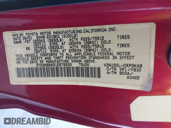 ✅ 2001 Toyota Tacoma PreRunner • VIN: 5TESN92N31Z879535 • Lot: 43708483. Wystawiony na IAAI z przebiegiem Nie podano. Bezpłatny archiwum sprzedaży aukcyjnych z USA i szczegółowy raport historii pojazdu na DreamBid. Zdjęcie 9.