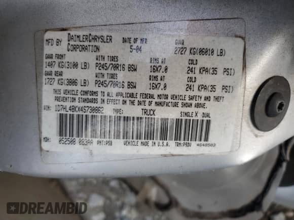 2004 Dodge Dakota SLT with VIN 1D7HL48KX4S730862, listed as a Copart auction lot 80699734 with Not provided miles and Non repairable. Bid and sale history available at DreamBid. Image 12.