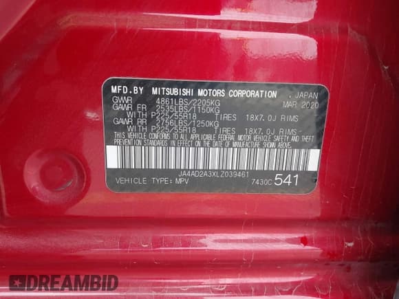 ✅ 2020 Mitsubishi Outlander ES • VIN: JA4AD2A3XLZ039461 • Lot: 43704011. Listed on IAAI with 115,441 mi. Free auction sales archive from the USA and detailed vehicle history report at DreamBid. Image 9.