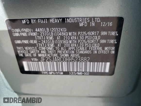 2017 Subaru Forester Limited with VIN JF2SJARC0HH523882, listed as a Copart auction lot 82651095 with 65,088 mi miles and Salvage title. Bid and sale history available at DreamBid. Image 14.