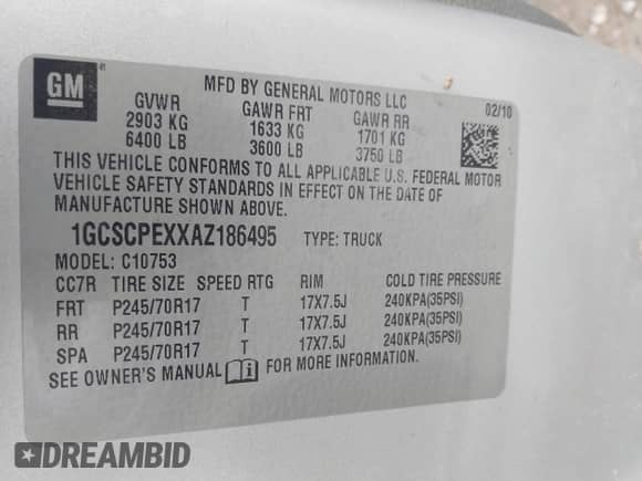 2010 Chevrolet Silverado 1500 Work Truck with VIN 1GCSCPEXXAZ186495, listed as a IAAI auction lot 42881537 with 215,919 mi miles and . Bid and sale history available at DreamBid. Image 9.