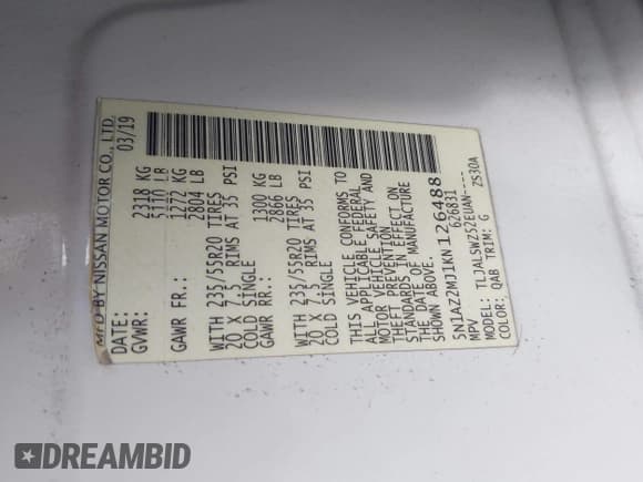 ✅ 2019 Nissan Murano SV • VIN: 5N1AZ2MJ1KN126488 • Lot: 43518373. Listed on IAAI with 125,900 mi. Free auction sales archive from the USA and detailed vehicle history report at DreamBid. Image 9.