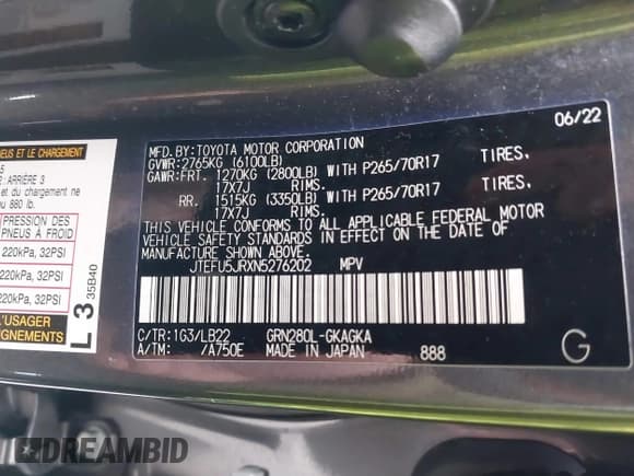 ✅ 2022 Toyota 4Runner SR5 Premium • VIN: JTEFU5JRXN5276202 • Lot: 41617366. Listed on IAAI with 58,717 mi. Free auction sales archive from the USA and detailed vehicle history report at DreamBid. Image 9.