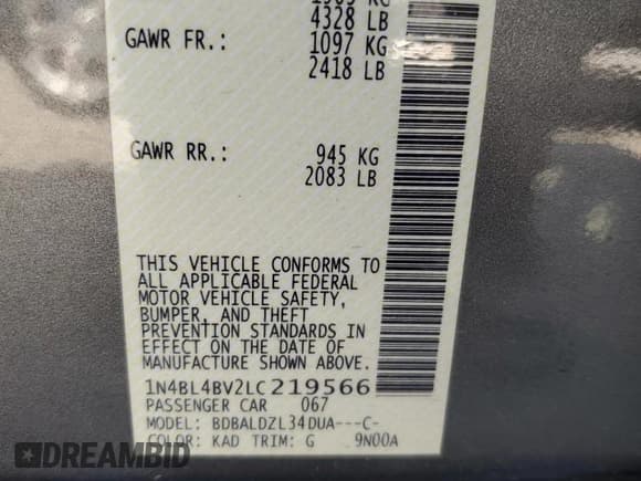 ✅ 2020 Nissan Altima S • VIN: 1N4BL4BV2LC219566 • Lot: 93096055. Listed on Copart with Not provided. Free auction sales archive from the USA and detailed vehicle history report at DreamBid. Image 12.