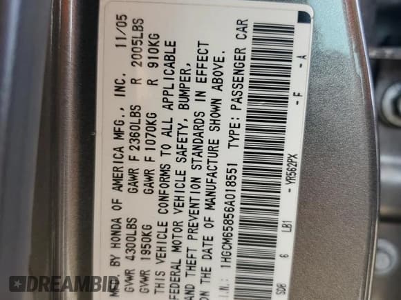 ✅ 2006 Honda Accord EX-L • VIN: 1HGCM65856A018551 • Lot: 64599015. Listed on Copart with 267,261 mi. Free auction sales archive from the USA and detailed vehicle history report at DreamBid. Image 13.