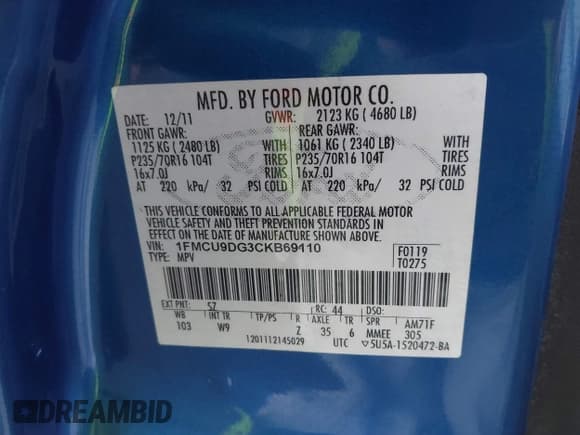 ✅ 2012 Ford Escape XLT • VIN: 1FMCU9DG3CKB69110 • Lot: 42567037. Wystawiony na IAAI z przebiegiem 144 145 mil. Bezpłatny archiwum sprzedaży aukcyjnych z USA i szczegółowy raport historii pojazdu na DreamBid. Zdjęcie 9.