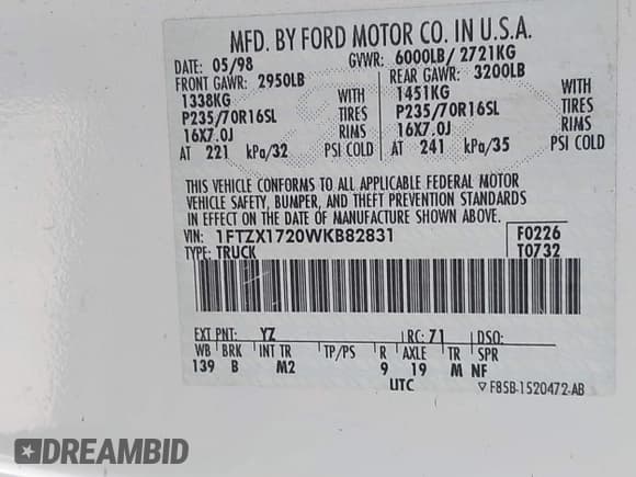 ✅ 1998 Ford F-150 • VIN: 1FTZX1720WKB82831 • Lot: 42888701. Listed on IAAI with 186,169 mi. Free auction sales archive from the USA and detailed vehicle history report at DreamBid. Image 9.