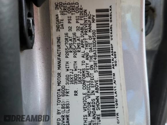 ✅ 2001 Toyota Sequoia Limited • VIN: 5TDBT48A31S004580 • Lot: 86542045. Wystawiony na Copart z przebiegiem 190 938 mil. Bezpłatny archiwum sprzedaży aukcyjnych z USA i szczegółowy raport historii pojazdu na DreamBid. Zdjęcie 13.