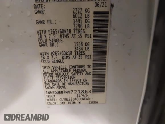 ✅ 2021 Nissan Frontier SV • VIN: 1N6ED0EB7MN721863 • Лот: 41665670. Опубликован ранее на IAAI с пробегом 53 072 миль. Бесплатный доступ к архиву аукционных продаж из США и подробный отчёт об истории автомобиля на DreamBid. Изображение 9.