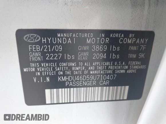 ✅ 2009 Hyundai Elantra GLS • VIN: KMHDU46D59U710407 • Lot: 43325713. Listed on IAAI with 140,109 mi. Free auction sales archive from the USA and detailed vehicle history report at DreamBid. Image 9.