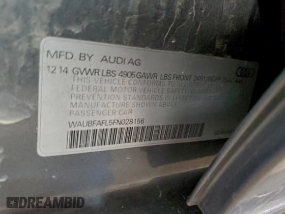 ✅ 2015 Audi A4 Premium • VIN: WAUBFAFL5FN028156 • Lot: 93909235. Wystawiony na Copart z przebiegiem 106 042 mil. Bezpłatny archiwum sprzedaży aukcyjnych z USA i szczegółowy raport historii pojazdu na DreamBid. Zdjęcie 12.
