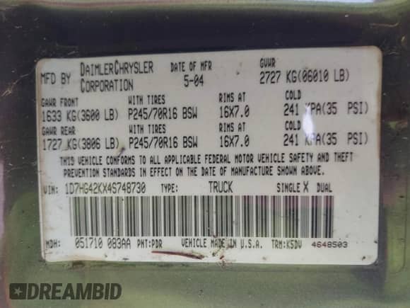 ✅ 2004 Dodge Dakota SLT • VIN: 1D7HG42KX4S748730 • Lot: 41687614. Listed on IAAI with 157,132 mi. Free auction sales archive from the USA and detailed vehicle history report at DreamBid. Image 9.