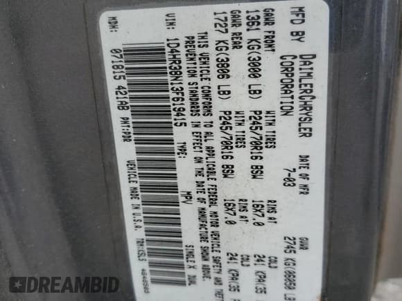 ✅ 2003 Dodge Durango Sport • VIN: 1D4HR38N13F619415 • Лот: 82314155. Опубликован ранее на Copart с пробегом 284 295 миль. Бесплатный доступ к архиву аукционных продаж из США и подробный отчёт об истории автомобиля на DreamBid. Изображение 13.