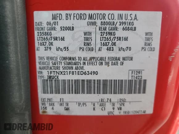 ✅ 2001 Ford F-250 XL • VIN: 1FTNX21F81ED63490 • Lot: 43808345. Wystawiony na Copart z przebiegiem 400 608 mil. Bezpłatny archiwum sprzedaży aukcyjnych z USA i szczegółowy raport historii pojazdu na DreamBid. Zdjęcie 12.