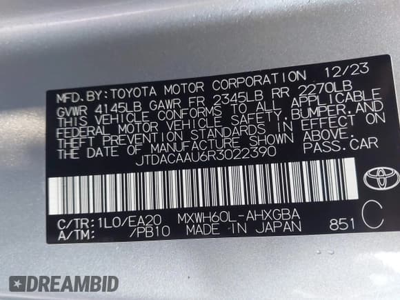 ✅ 2024 Toyota Prius LE • VIN: JTDACAAU6R3022390 • Lot: 43546795. Listed on IAAI with 21,977 mi. Free auction sales archive from the USA and detailed vehicle history report at DreamBid. Image 9.