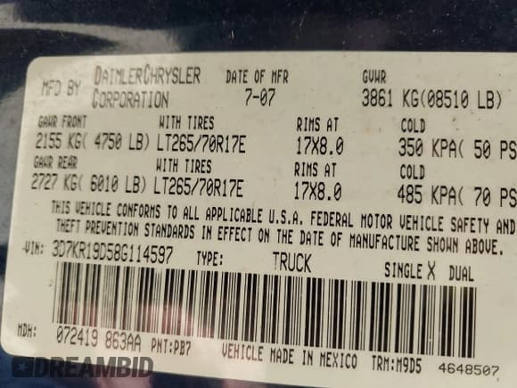 ✅ 2008 Dodge 1500 SLT • VIN: 3D7KR19D58G114597 • Лот: 43284594. Опубликован ранее на IAAI с пробегом 159 013 миль. Бесплатный доступ к архиву аукционных продаж из США и подробный отчёт об истории автомобиля на DreamBid. Изображение 9.